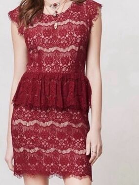 Anthropologie Maeve  Crochet Lace Peplum Cranberry Red Pencil Dress Sz M